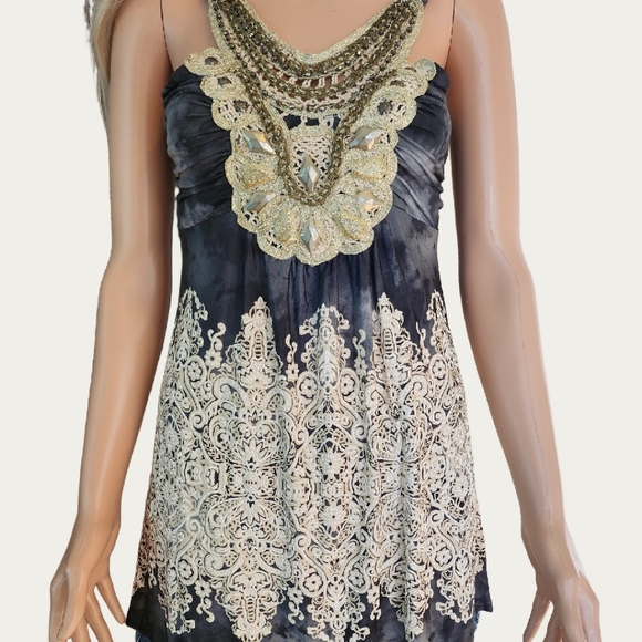 VENUS Bohemian Chic Black and Cream Embellished Tank Top, Medium EUC - Picture 9 of 9